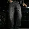 Men's Rhinestone Straight-Leg Jeans, Rhinestone Waistband Design, Menswear Washed Distressed High-Street Style, Y2K Vintage Denim Pants, For a Looser Fit, Please Choose One Size Up