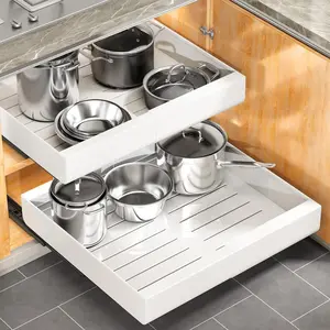 Expandable 12"-20" Heavy Duty Pull Out Cabinet Organizer, Slide Out Drawers Fixed with Adhesive Nano Film, Roll Out Storage Shelf for Kitchen Base Cabinet Organization, White