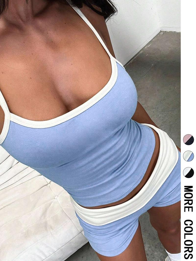 Women's Colorblock Crop Tank Top & Shorts Set, Sporty Casual Two-piece Outfits for Summer, Women's Clothing for Indoor Outdoor Wear, Sporty Style Clothes