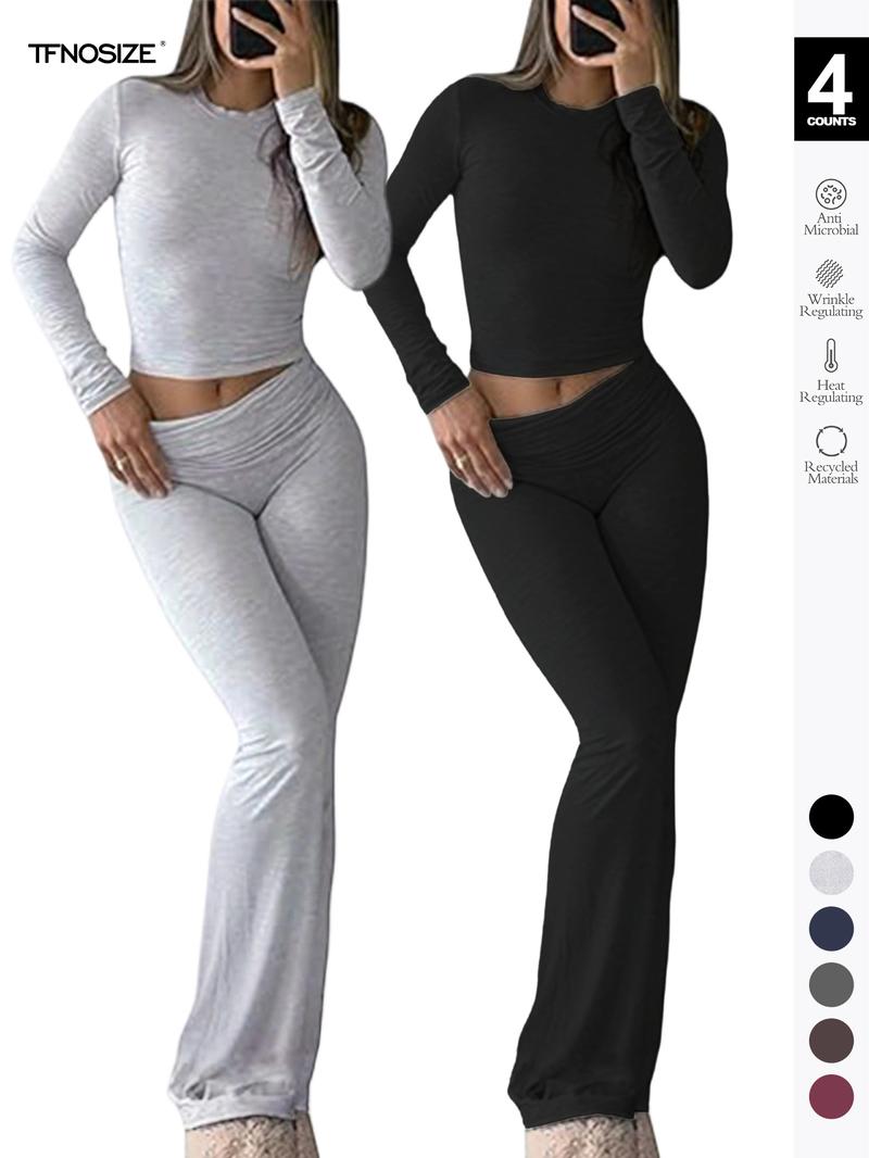 Women's 2 Piece Casual Pajama Set, Slim Fit Long Sleeve Top & Low Rise Bell Bottoms, Versatile Yoga Loungewear for All Seasons,Airport Outfit