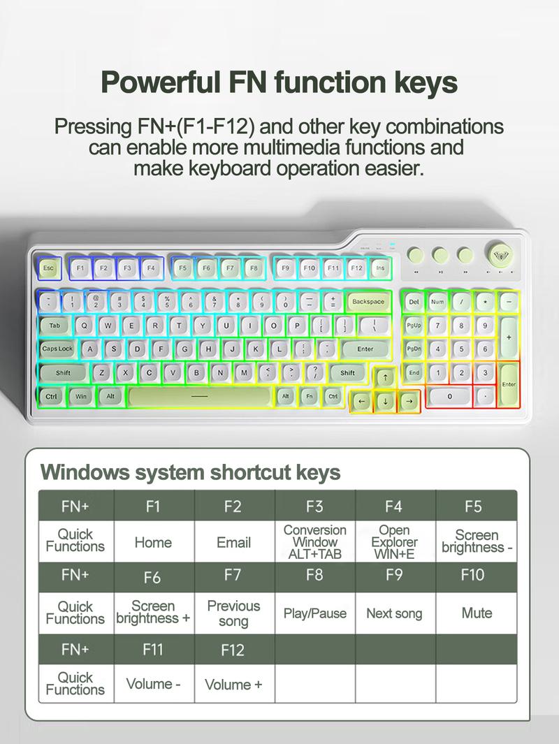 AULA F3099 membrane keyboard, features a 99-key layout, cool lighting effects, RGB Backlight Keyboard, supports wired and wireless connectivity, a 2000mAh rechargeable battery, quiet key presses, and compatibility with Windows/Mac/iOS devices. office use.