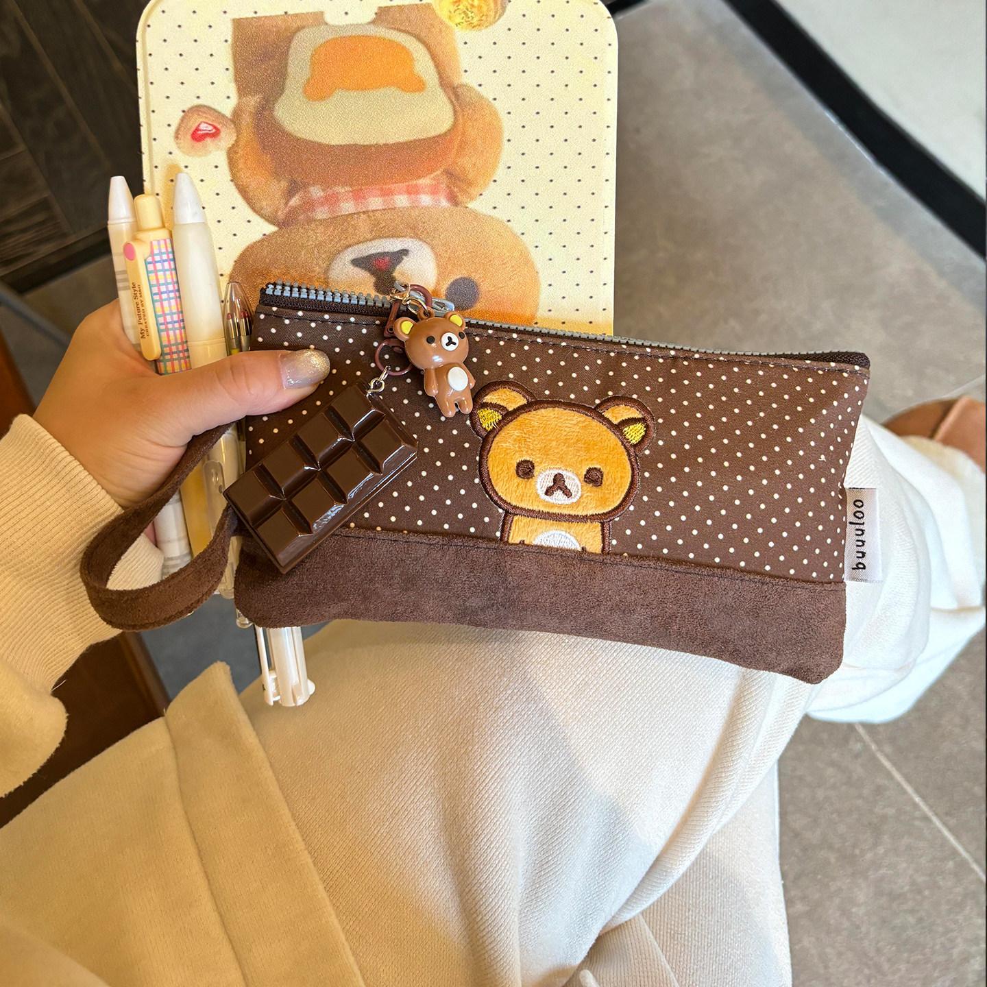 Buuuloo Original Embroidered Rilakkuma Pencil Case Large Capacity Polka Dot Ins Style Kawaii For Teen Girls High School Students