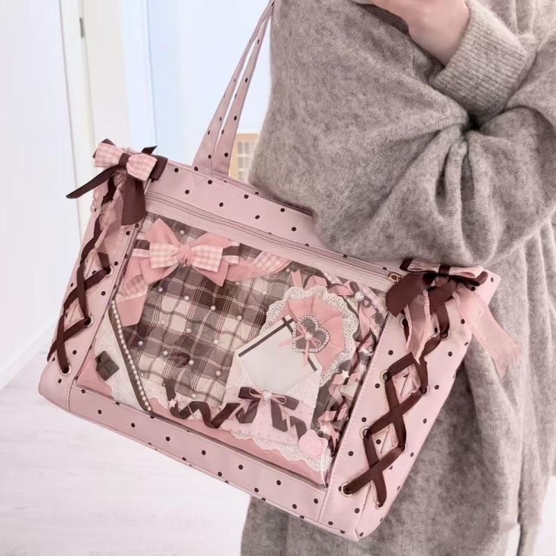 New Ribbon Lolita Sweet Shoulder Bag Cute Polka Dot Y2k Handbag Bows Kawaii Teenage Girl Itabag Fashion Large Capacity Tote Bag