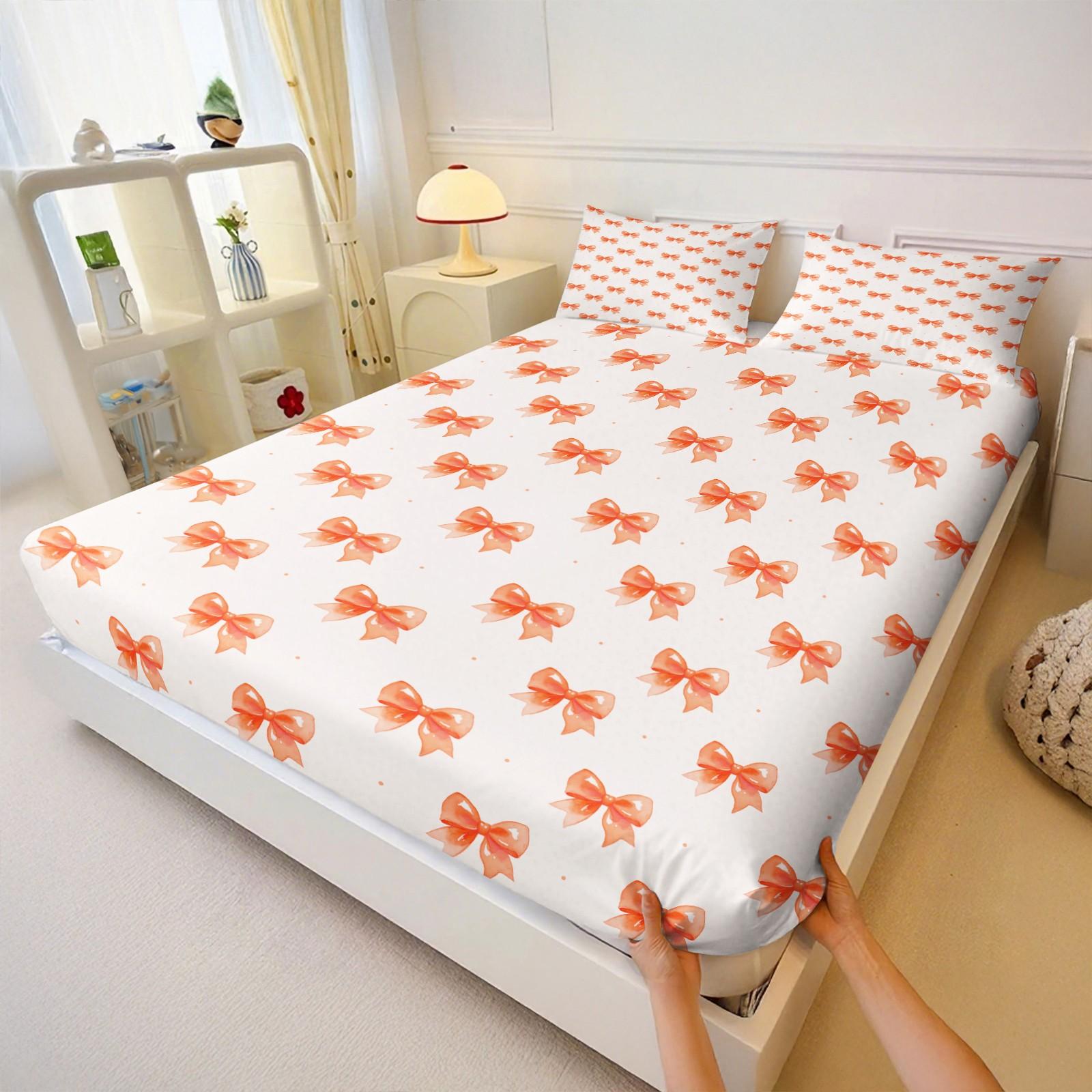 3Pcs Cute Bow Knot Fitted Sheet Set, Fresh Pastel Ribbon Deep Pocket Bed Sheet, Sweet Gift for Girls & Women for Bedroom