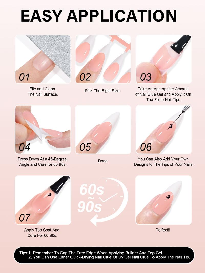 Aillsa Long Stiletto French Tip Nails Set - 180pcs Classic Nude Soft Gel Nail Tips in 15 sizes, Mini UV Lamp, Base coat and Top coat, Easy to Wear Soak Off Acrylic Fake Nails Extensions DIY Nail Art at home  Gift For Women gel nail nail glue