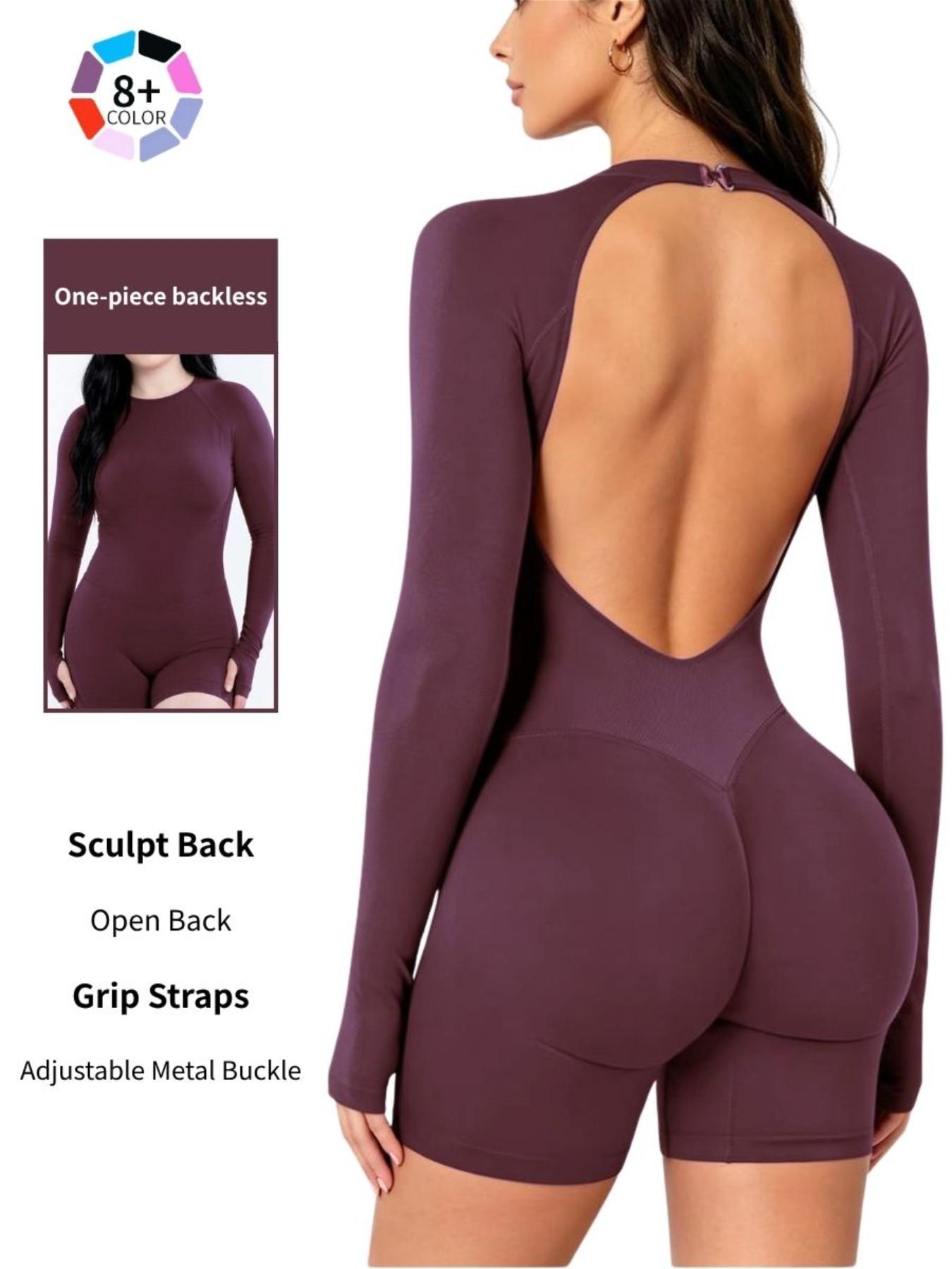 Women's All-Season Long Sleeve Backless Workout Jumpsuit, Tummy Control & Butt Lifting, Stretchy Slim Fit Gym Bodysuit for Pilates & Running, Backless Activewear
