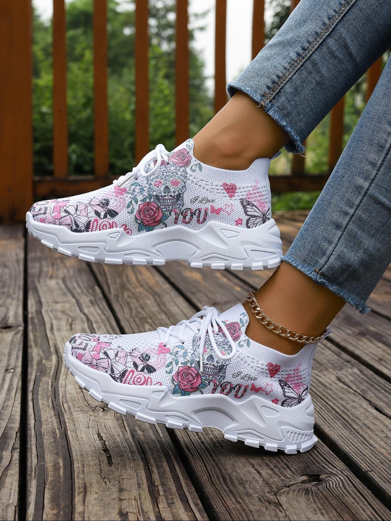 Women's Fashionable Floral Print Lace Up Low Top Sneakers, 2024 New Style Casual Comfortable Breathable Sports Running Shoes, All-match Basic Shoes for Daily Wear