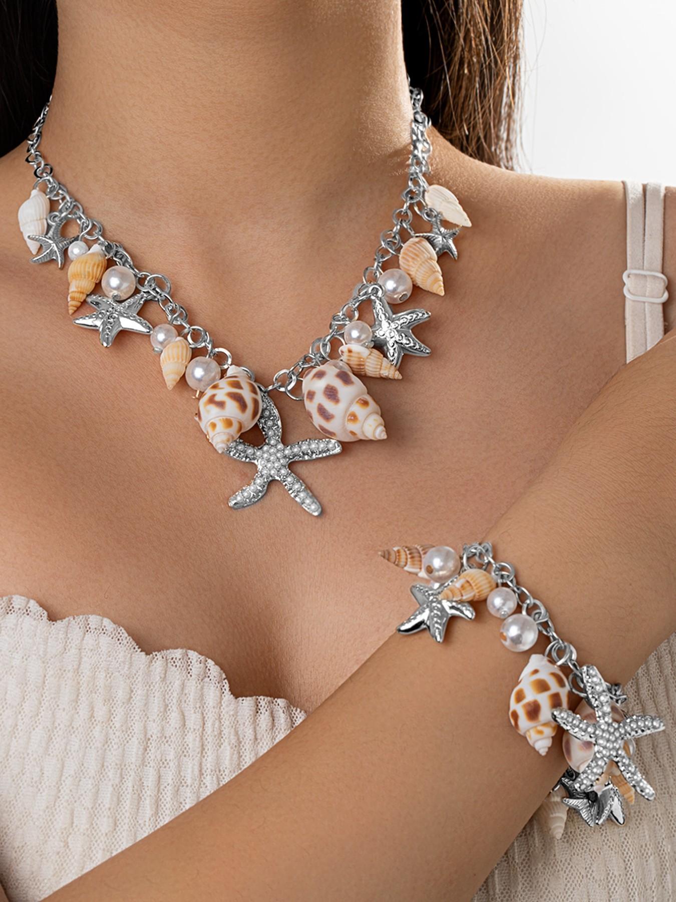 Unisex 2-Piece Ocean Theme Alloy Costume Jewelry Set - Imitation Pearl, Starfish, Shell, Geometric Pattern Necklace & Bracelet for Daily Wear, Gifting