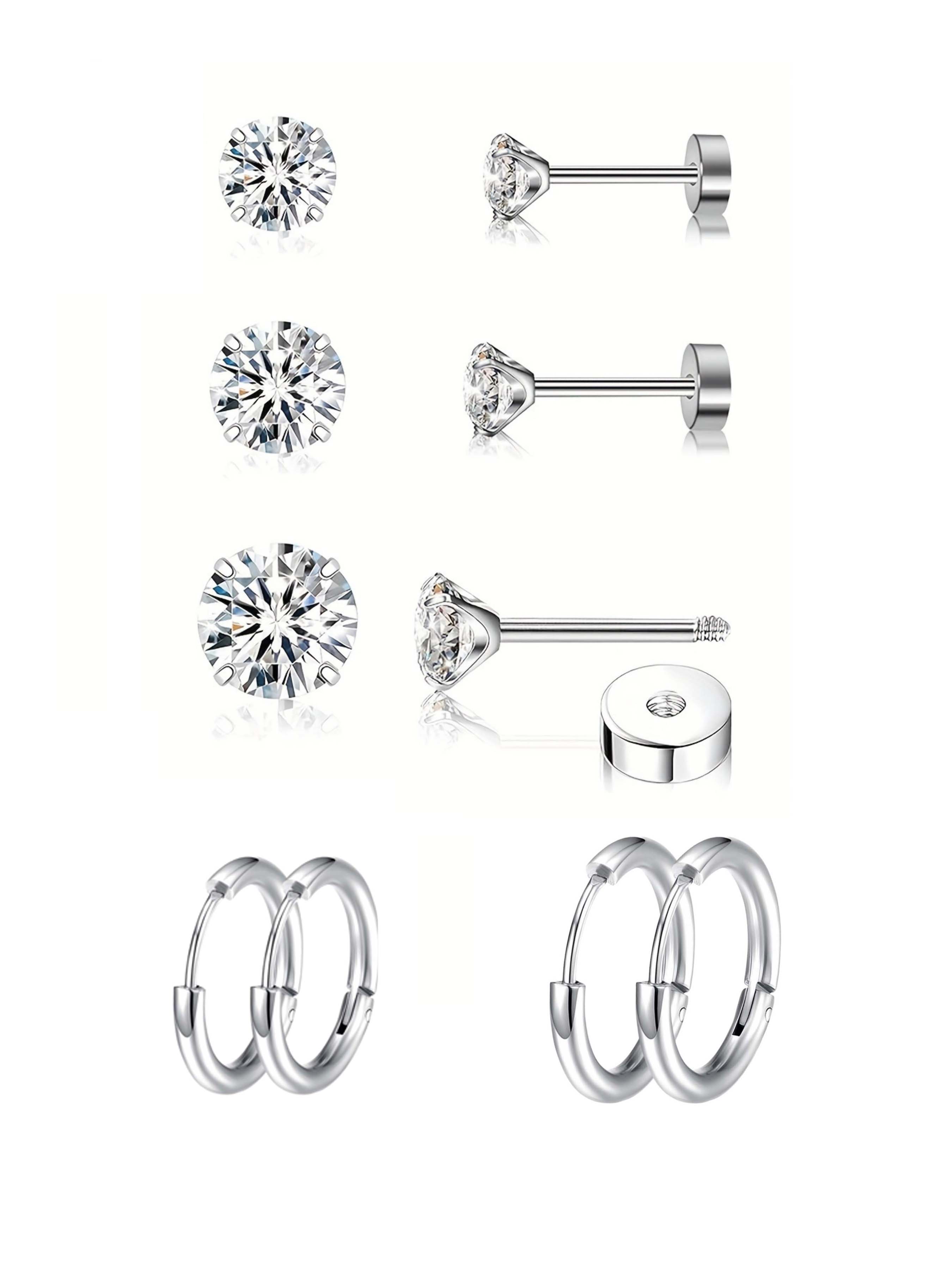 5 pairs Women's Earring Set  CZ Cubic Zirconia Stones Flat Back Design Suitable for Sensitive Ear Piercings Ear Ring Circles with Sizes 3–4–5 Millimeters Jewelry Accessories