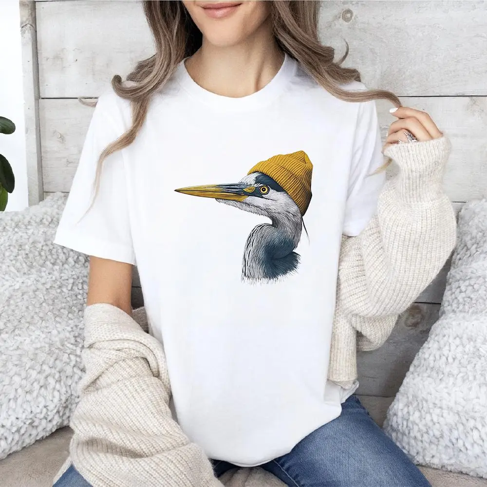 Retro 90s Great Blue Heron Graphic T-Shirt for Birdwatching, Unisex Casual Short Sleeve Crewneck in 100% Soft Cotton, Seamless, Elastic, Ribbed, Top