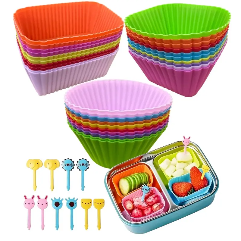 Silicone Muffin Cups & Fruit Forks, Food Grade, 40 Pcs/Set Lunch Box Dividers (Box Not Included), Durable Reusable Baking Tools, Meal Prep Molds, for Home, Party, Camping & Picnic, Random Color