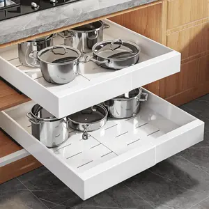 2Pack Expandable Pull Out Cabinet Organizer 21"Deep With Raising Pad for Framed Cabinets, Upgrade 3 Slide Rails Slide Out Drawers, Adhesive Roll Out Shelves, Adjustable Width 12.05"-20.4", White