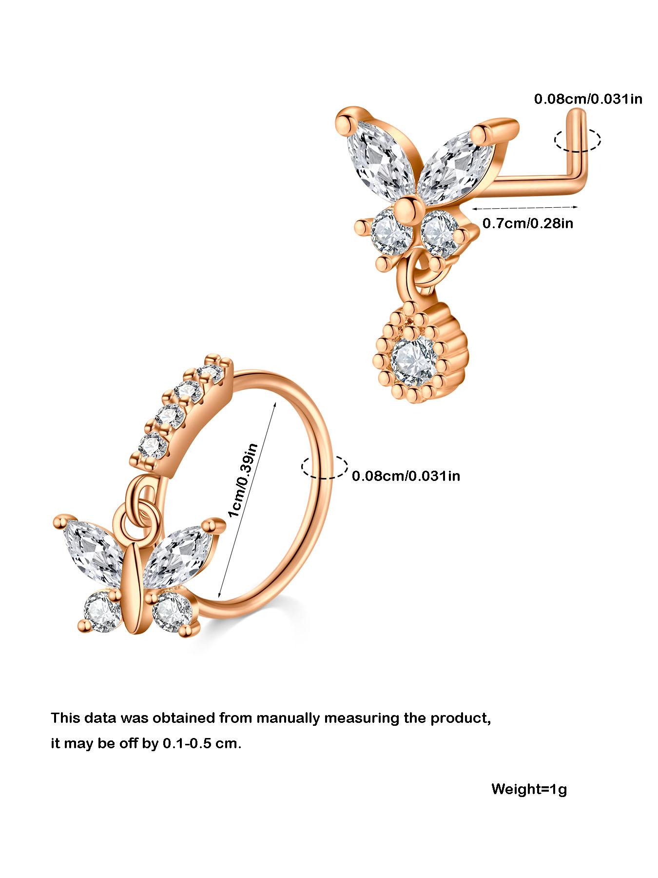 Summer Rhinestone Decor Heart Design L-shaped Nose Studs, Nose Piercing Jewelry, Nose Ring Jewelry, Daily Back To School