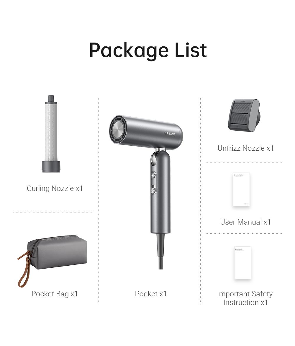 DREAME Pocket Styling High Speed Hair Dryer Folding Travel Quick Dry Home Curly Hair Negative Ion Hair Dryer Blowdryer Hairdryer Fast Drying