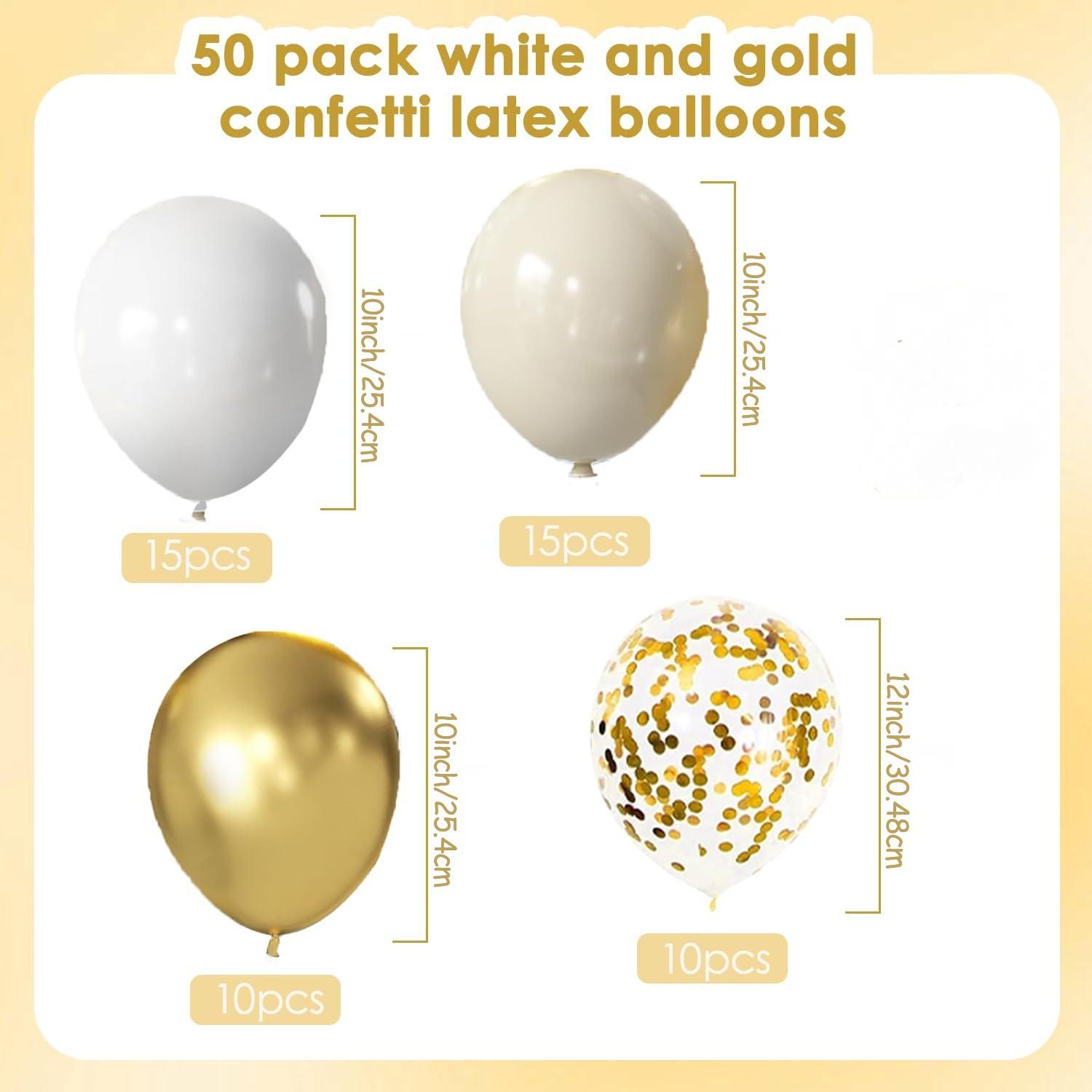 50 piece set of white and gold balloons, metallic colored latex balloon set, suitable for birthday, engagement, wedding anniversary parties, indoor and outdoor decoration gifts