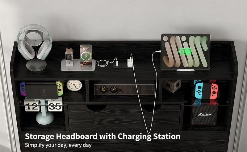 FUSOU RGB Light Bed Frame with Charging Station, Metal LED Platform Bed with Headboard,[FRAME ONLY NO MATTRESS] Storage Space Under Bed, Brightness Adjustable, Heavy Duty, No Box Spring Needed, Black Twin size, Full Size, Queen Size