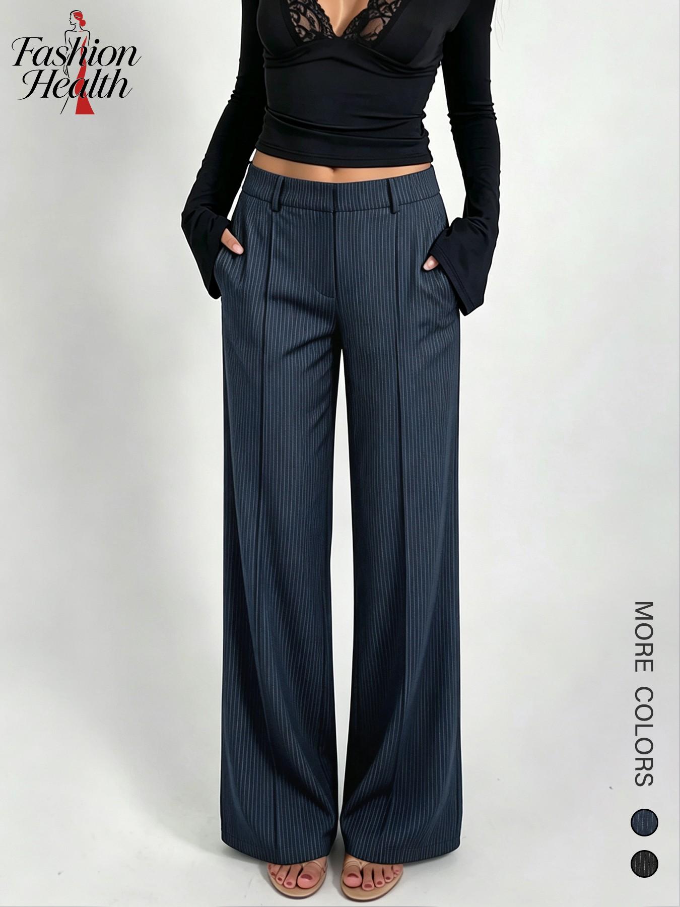 Women's High-Waisted Striped Pants, Casual Loose-Fit Baggy Office Wear, Spring Summer New Arrival, Korean Style Straight Leg Jeans