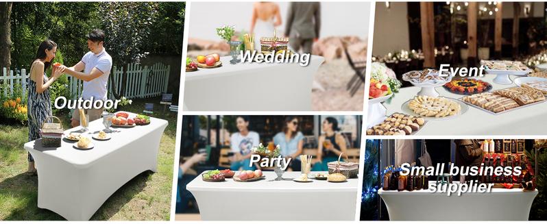 6FT Tablecloth [6 Pack, White] 200 GSM Stretch, Fitted, Washable and Wrinkle Resistant Table Cloth Rectangle Cover for Trade Shows, Wedding, Parties [72Lx30Wx30H Inch]