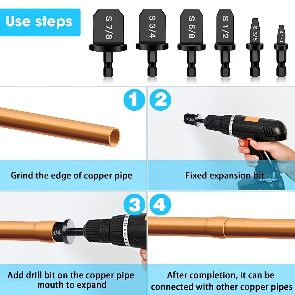 Copper Pipe Swage Tube Expander, 6 Counts/set Drill Bit Set, HVAC Repairing Set, Air Conditioner Manual Copper Pipe Swage Tube Expander Tool with 1/4'', 3/8'', 1/2'', 5/8'', 3/4'', 7/8'' Bits