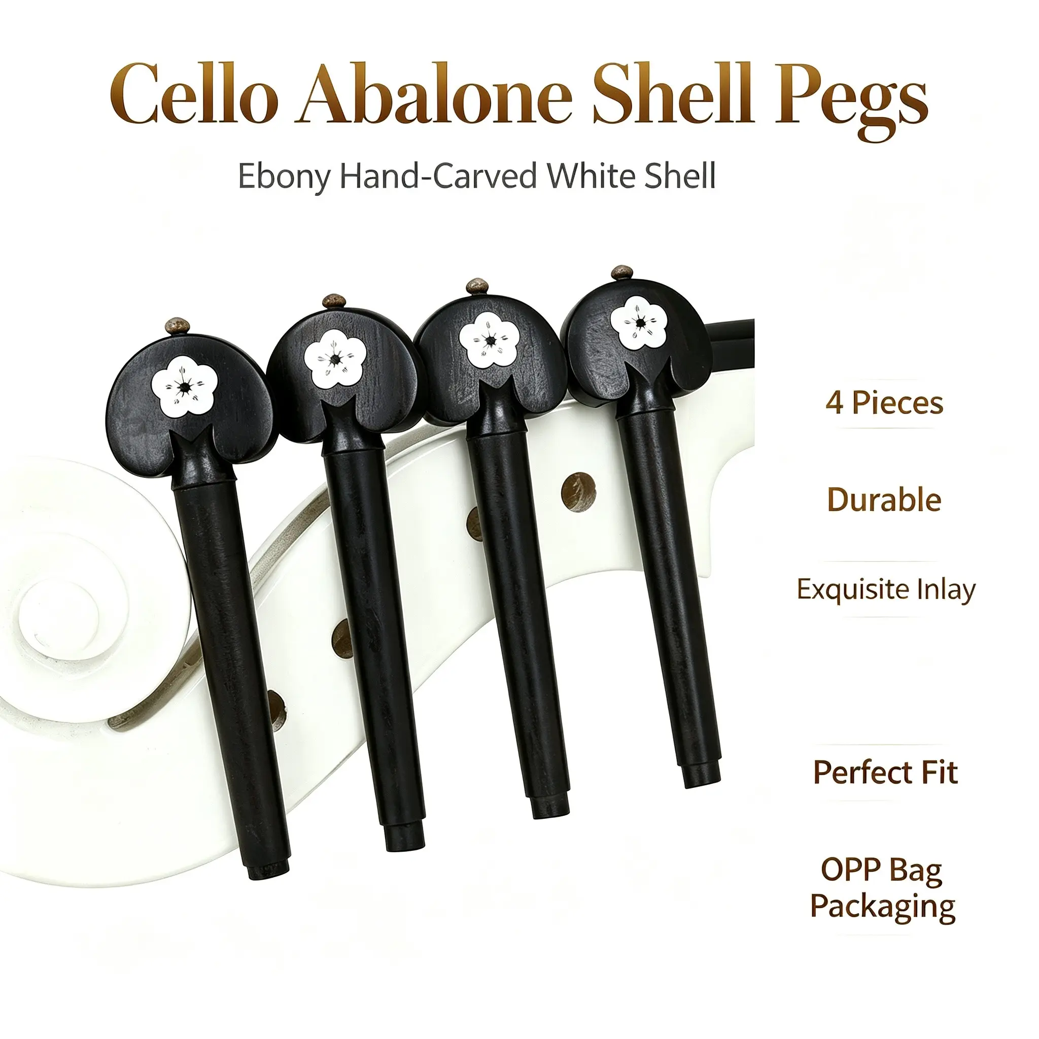 Violin Tuning Pegs Ebony Hand Carved Abalone Shell Ln128 (set of 4), High-Quality Violin Accessories, Durable & Aesthetic Design