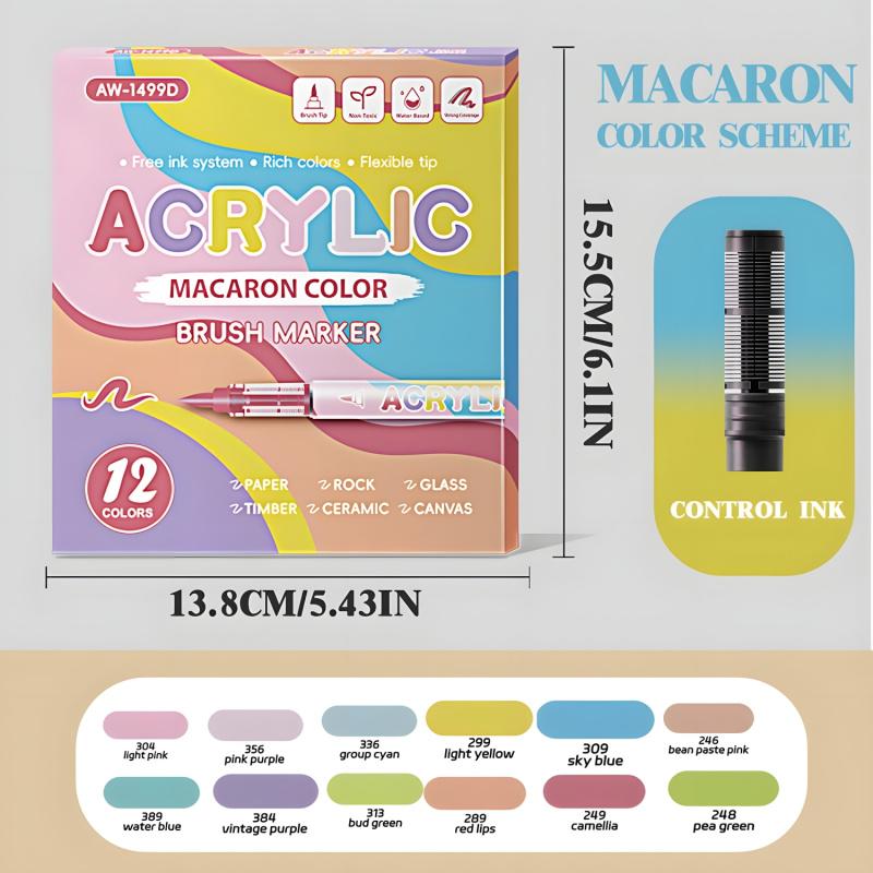 Acrylic Paint Markers, 12Pack Soft Brush Tip Acrylic Paint Pens, Professional Color System,Quick-Drying Waterproof Ink, for Rock Painting Plastic Wood Canvas Glass Ceramic Metal Art Drawing Supplies Art Crafts Supplies Christmas Gift