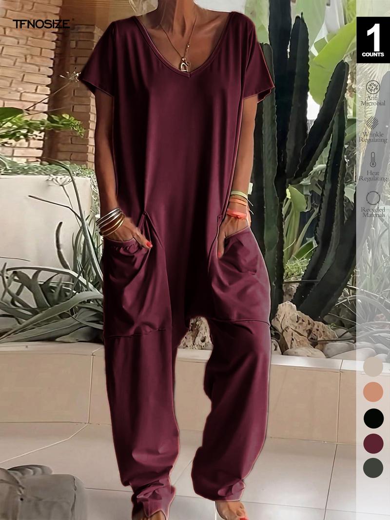 1/2/3 pcs Oversized Women's Harem Jumpsuit, Bohemian Style One-Piece with Side Pockets, Casual Fashion for All-season 2026