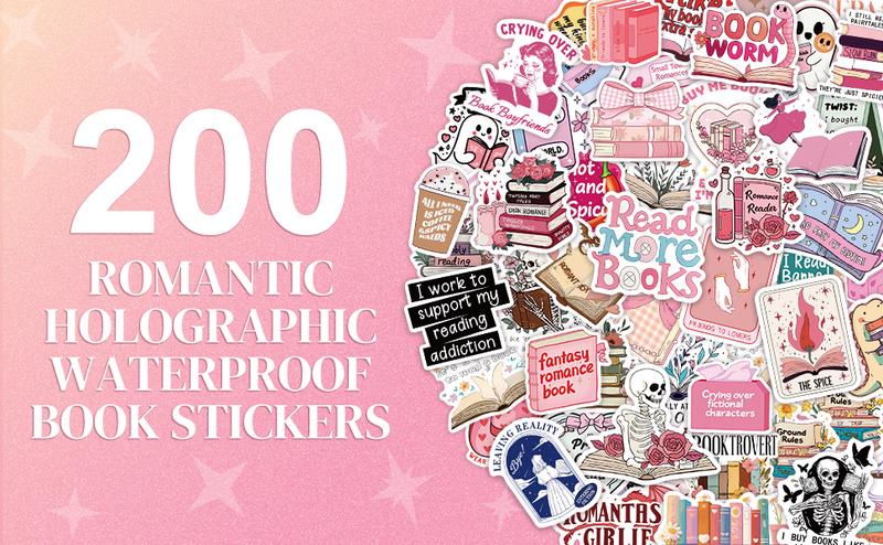 MIXVOVA 200PCS Book Stickers for Girl Romance Bookish Sticker Pack for Readers Adult Holographic Vinyl Decals for Laptop Ebook Readers Water Bottles Journal Scrapbook Waterproof Glitter Metallic Marker