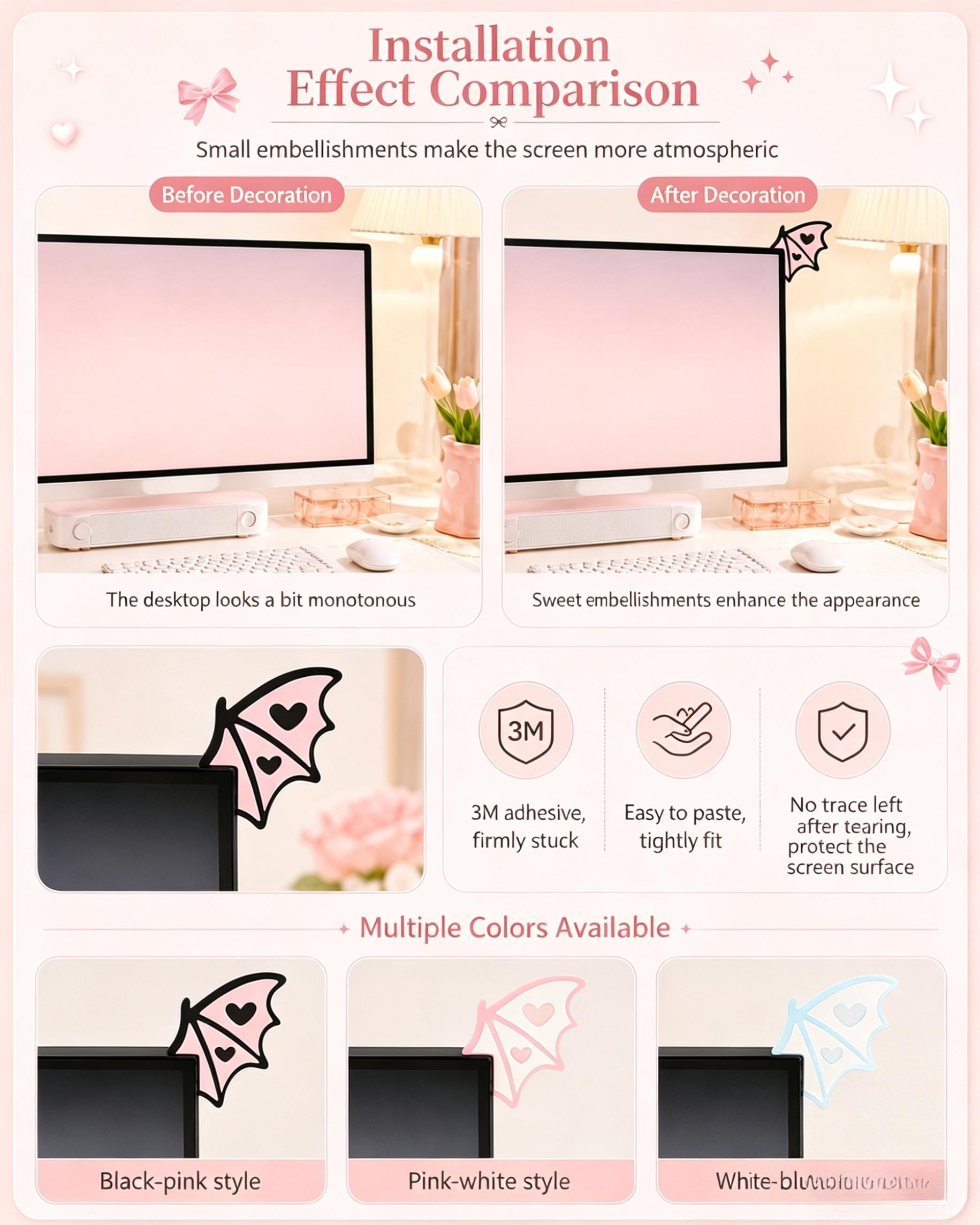 Gothic Bat Wings Screen Decor | Kawaii Gaming Setup Accessories | Cool Devil Wings for Computer & Car Screen | Spooky Cute Desk Aesthetic Ornament