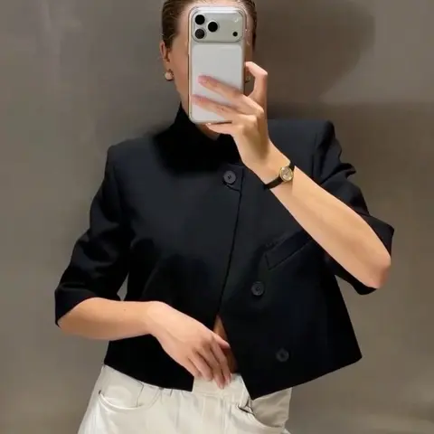 Women's Regular Fit Short Sleeve Solid Basic Slim Blazer, Formal Business Suit Jacket for Ladies, Elegant Professional Outerwear