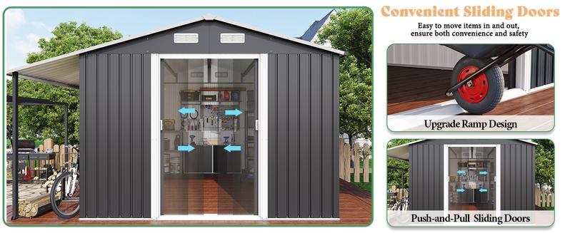 [Ships in Multiple Boxes]  VanAcc Outdoor Storage Shed with Two 4-Pane Windows Sliding Doors, Open Outdoor Shed for Wood Storage, Dark Grey/White