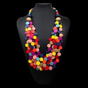 Bohemian Rainbow Wooden Disc Bib Necklace, Multi-Layer Colorful Beaded Statement Necklace, Handmade Boho Fashion Jewelry for Women Daily Party Beach Outfit