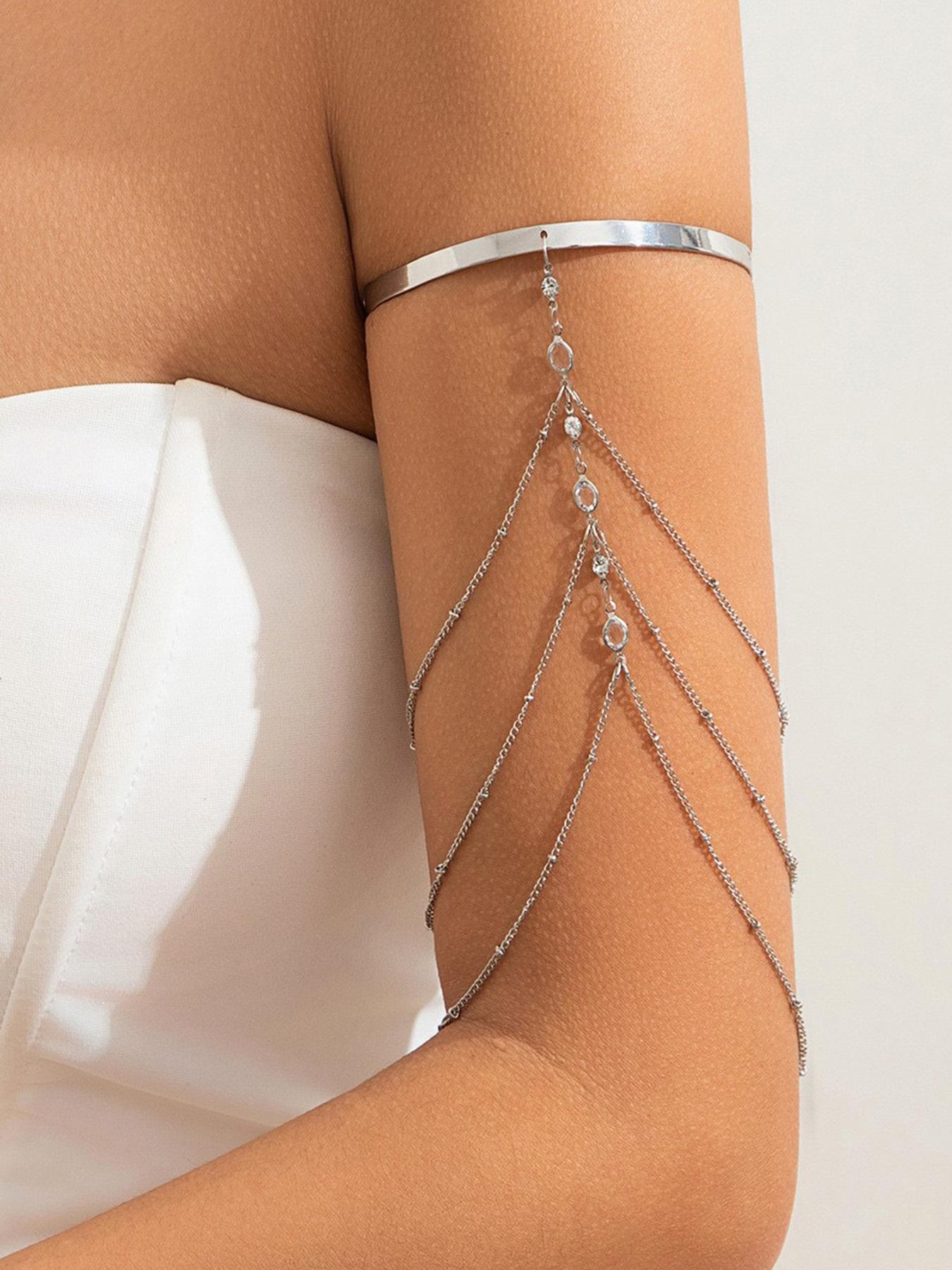Chic & Sexy Multi-Layer Rhinestone Chain Tassel Upper Arm Bracelet / Armband — Women's Accessory; Simple Crystal Bead Tassel Upper Arm Chain / Bikini Arm Ring — Adjustable Open Rhinestone Bangle for Summer Beachwear
