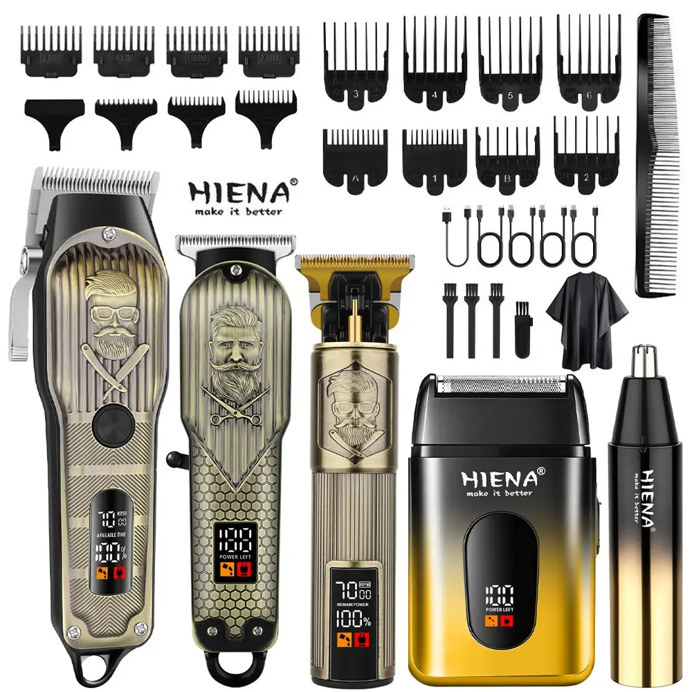 Men's Hair Clippers 5-Piece Set, Wireless Haircutting Kit with LED Display, Electric Hair Trimmer & Shaver Set, Men's Grooming Kit, Gift for Son, Husband, Father, Bronze Gentleman Design