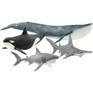 Schleich Wild Life - 4PC Ocean Animal Figurine Playset - Includes Blue Whale, Orca, Hammer Head and Great White Shark Figures - Educational Play for Boys and Girls - Sea Toys for Kids Ages 3+ | 77591