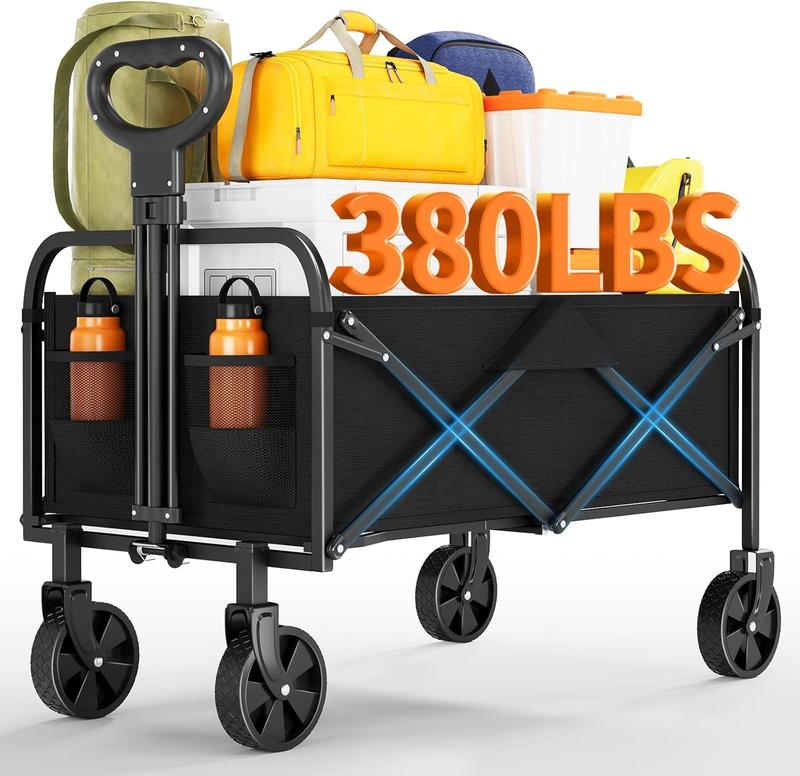 Foldable GarveeLife Multi-Purpose Trolley with All-Terrain Wheels, Drink Holders and Adjustable Grip, 172 kg, Portable Food Trolley for Shopping, Camping, Garden, Car Travel Accessories Black