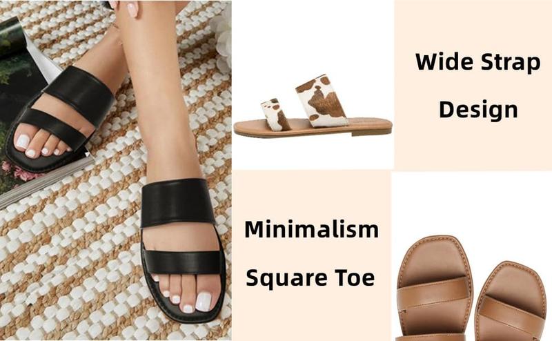 Women's Flat Sandals Two Strap Slide Sandals Square Toe