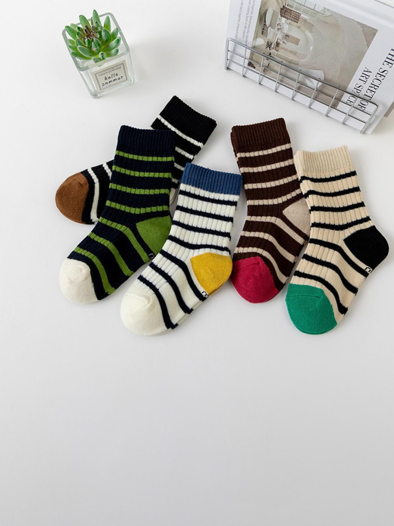5 Pairs Kids Colorblock Striped Mid-Calf Socks, Comfortable Breathable Unisex Socks, Casual Sports Socks for Daily Wear