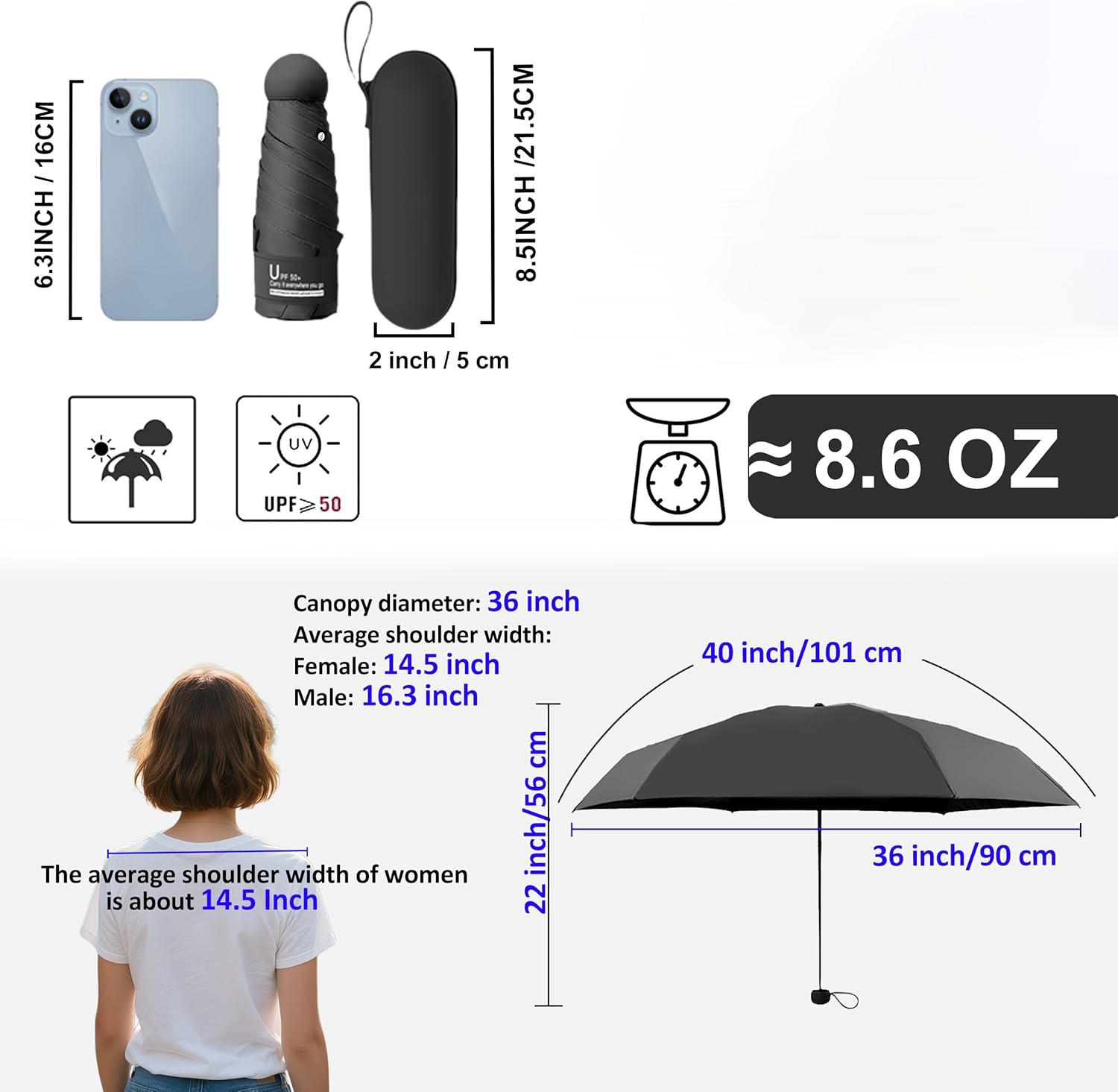 Compact Travel Umbrella with Case – Mini UV Sun Protection Umbrella for Purse |   Lightweight Pocket-Sized for Women, Men & Kids |   Pink