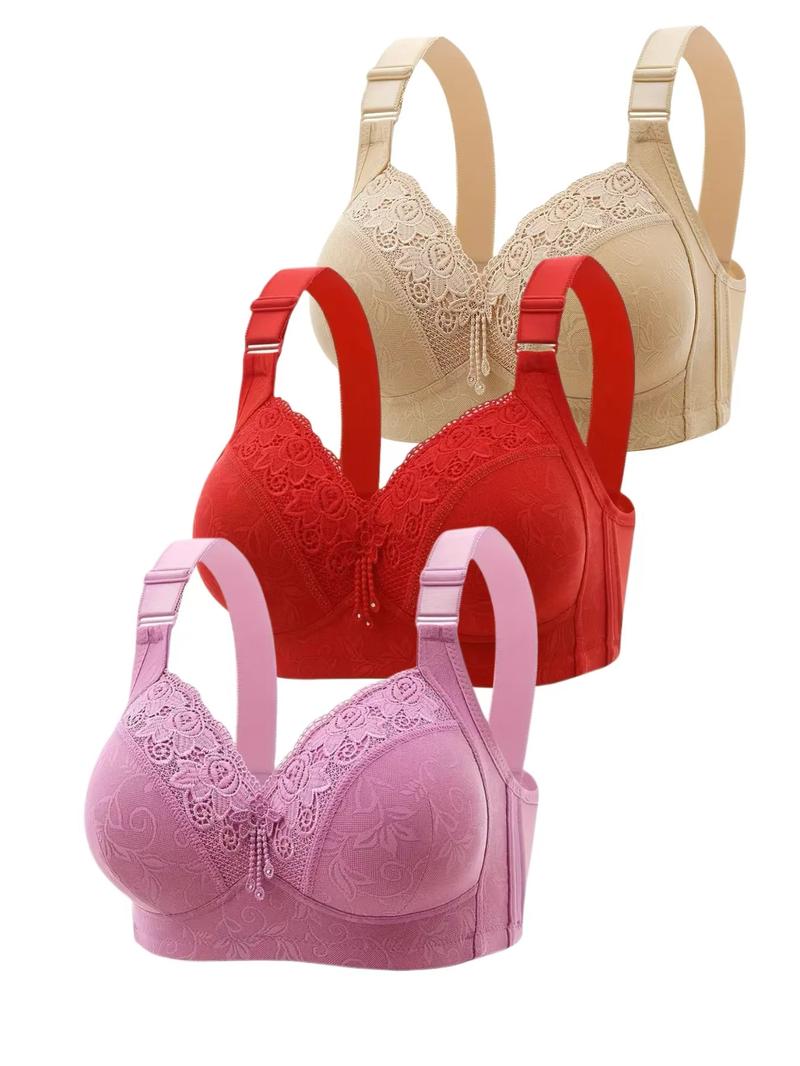 Women's Luxuriously Soft Contrast Lace Push Up Bra Adjustable Straps Breathable All-Day Comfort Underwear Flattering Fit Versatile Seasonless Lingerie Stylish Supportive Bralette 5 PCS Set