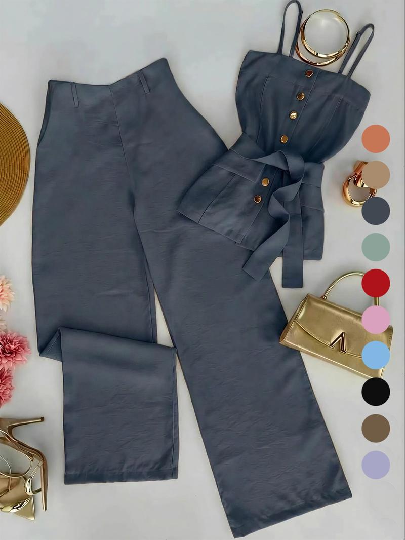 New Women's Solid Color Strappy Top & Long Pants Two-Piece Set, Versatile Casual Wear, Comfortable and Stylish, Perfect for Daily Use