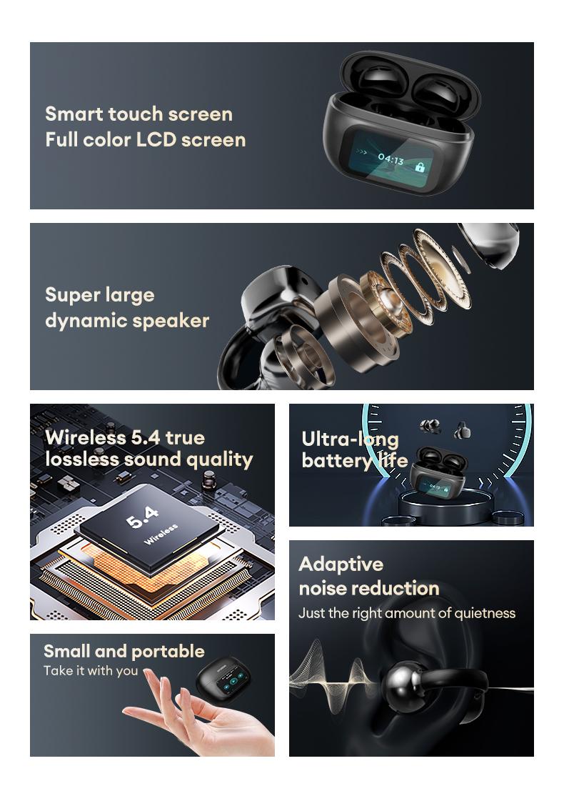 MGALL C02 Clip-On Ear Headphones with LCD Full Color Touch Screen, 2025 New Bluetooth 6.0 for Faster, More Stable Connection & Lower Power Consumption, Audio Wireless Headphones for Music & Phone Calls