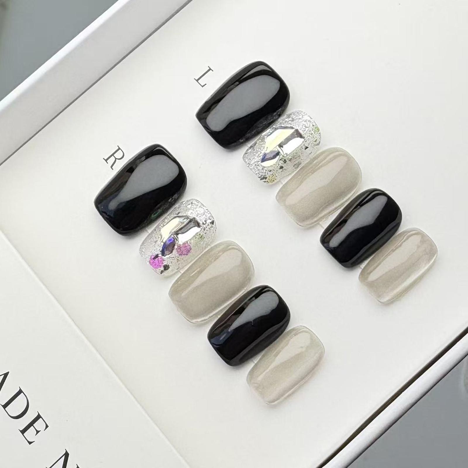 Boss Babe Exclusive Luxury Press Ons! Black White Color Block & Milk White Cat Eye & Exquisite Hand-Painted Big Diamond, Cool & Cute Vibe, Photo Ready