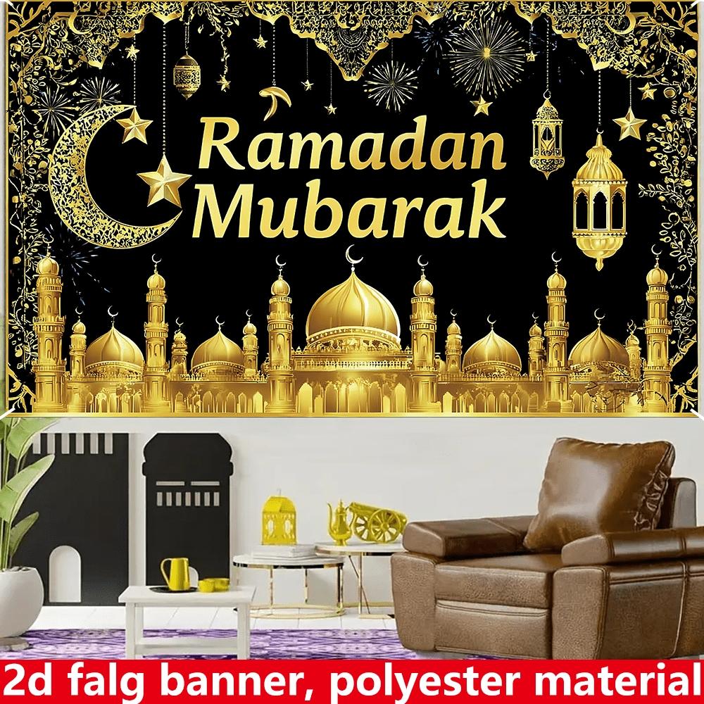 Ramadan Mubarak party banner, black and gold lantern fireworks themed background fabric, Eid al Fitr decoration supplies, polyester material, suitable for photo booths, parties, birthdays, celebrations, holiday party supplies, Party Decorations Banners