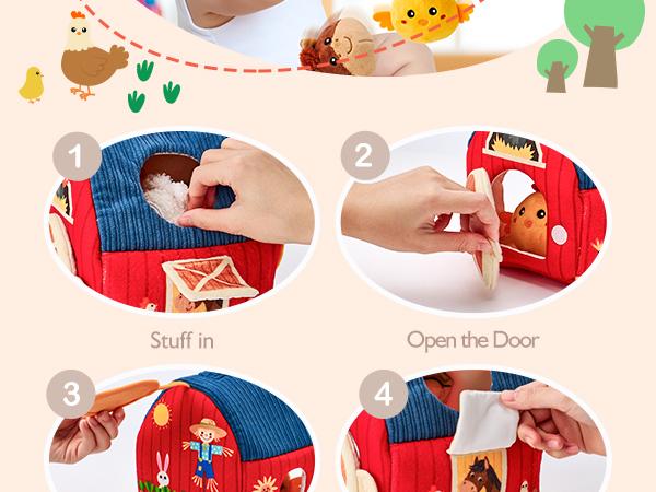 hahaland Surprise Barn with Stuffed Farm Animals：Rattle, Crinkle Paper, Mirror - Montessori Developmental Toys for Newborn Babies, Sensory Toy for Birthday Christmas Valentine's Day Gifts Nursery Infant Easter Gifts Stuffer