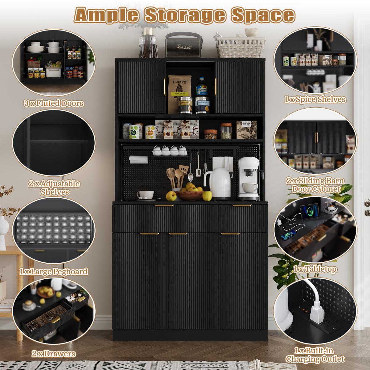 Aobtkel 73" Rectangular MDF Wood Fluted Texture Kitchen Pantry Cabinet - Single Unit with Storage, Charging Hub Station, DIY Pegboard Includes Kits, Anti-Tip Base for Living Room Microwave Stand Hutch, Black, Pantry Organization