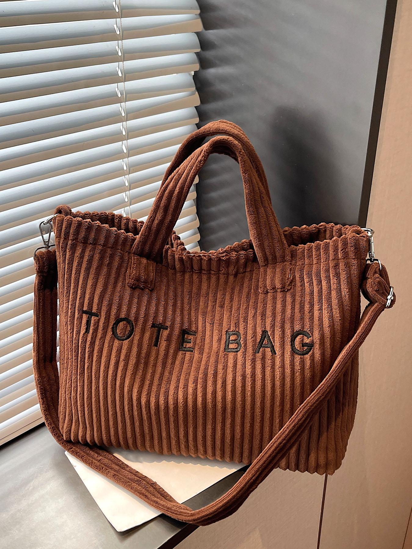 Retro leisure simple single shoulder tote bag, three-dimensional stripe texture letter design, hand-held oblique cross two uses, fashion practical versatile suitable for daily commuting, shopping dating, etc., Casual Tote Bag