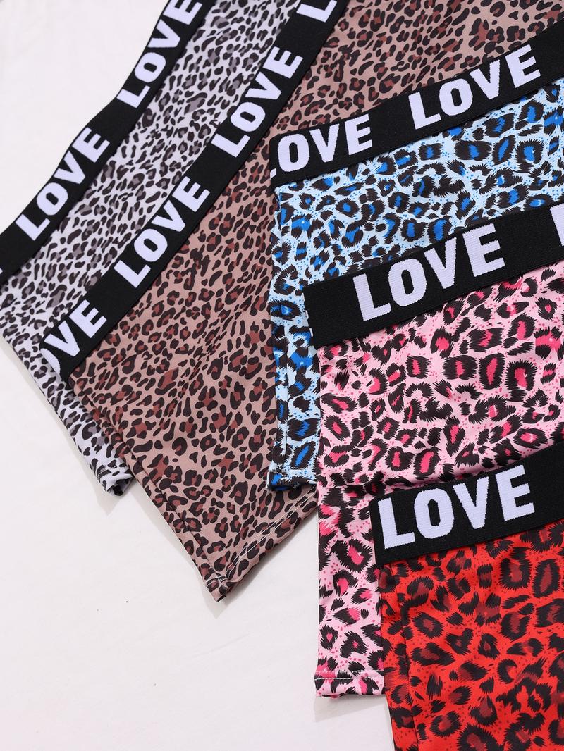 Women's Leopard & Cherry & Lip Print Boyshorts, Soft Comfy Breathable Panty for Daily Wear, Underwear for All Seasons, Casual Breathable Knicker