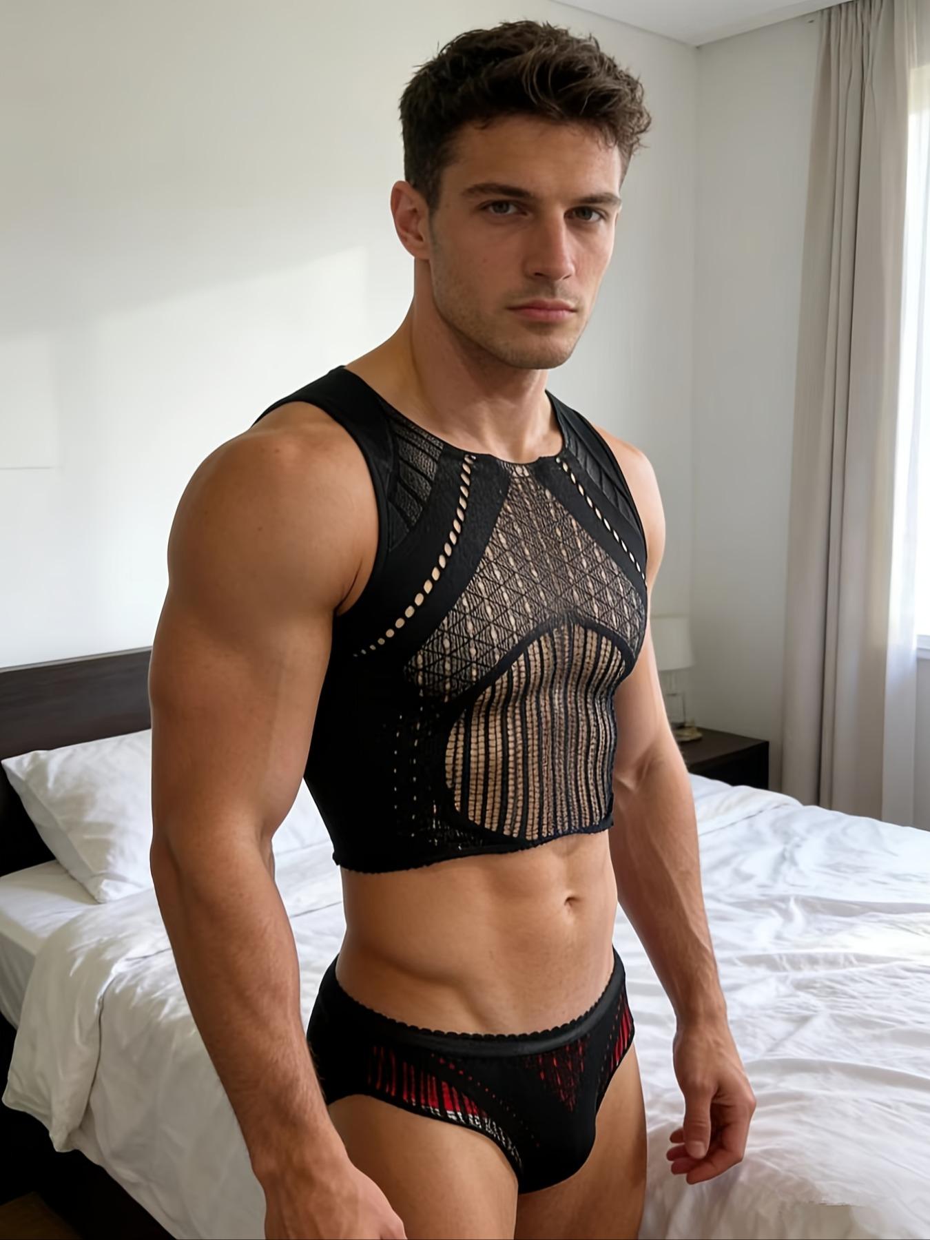 Men's Sexy Fishnet Costume Set, Hollow Out Transparent Nightclub Performance Clothing, Seductive Party Wear, Adult Erotic