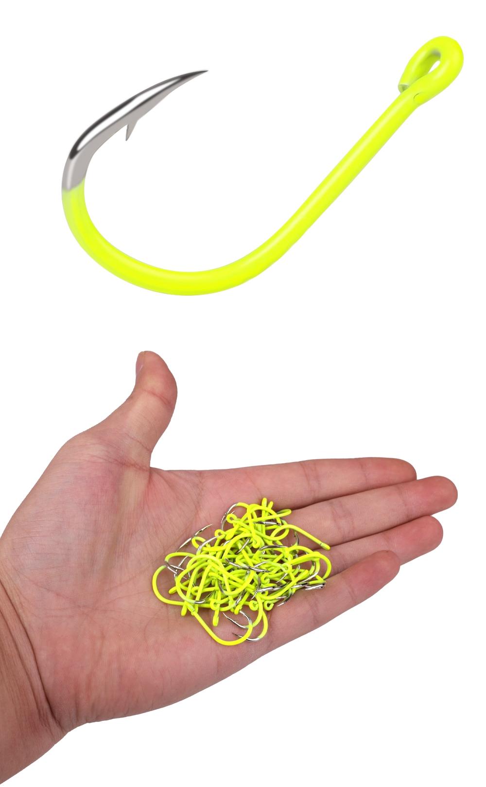 FTK Ise-ni Fishing Hooks, Fluorescent Yellow, Flattened, 50pcs, Stainless Steel, High-Carbon Steel, Barbed