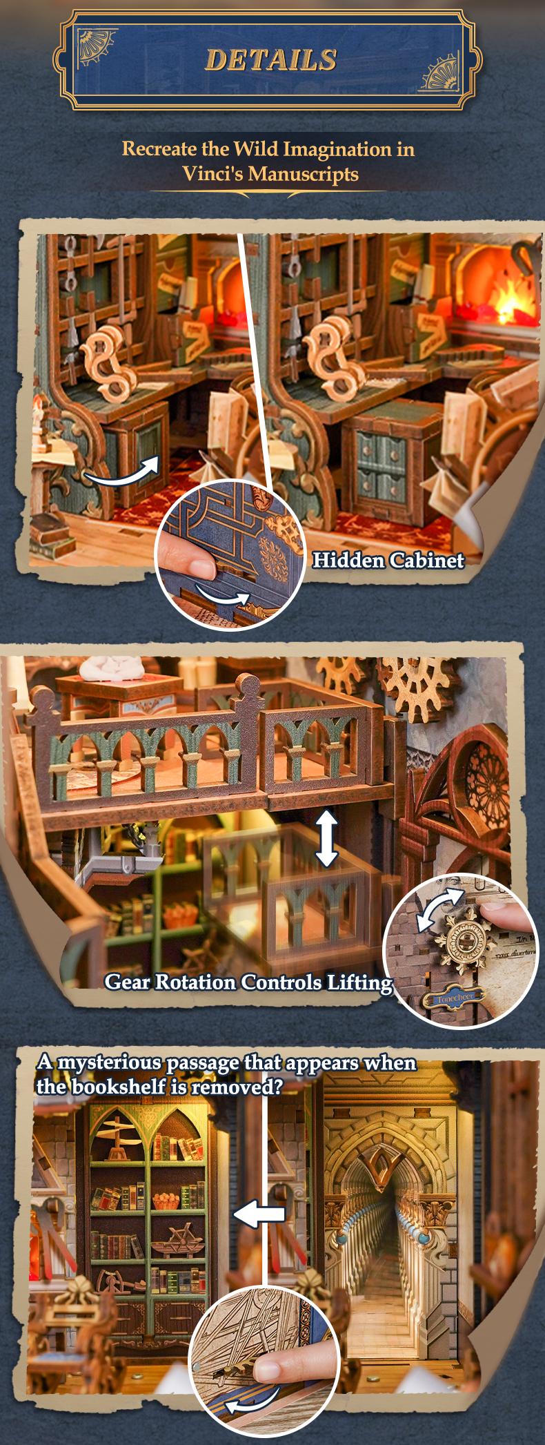 Tonecheer DIY Book Nook Kit for Adults, 3D Wooden Puzzle Bookend Miniature House Kit, Booknook Bookshelf Insert Decor with Dust Cover and LED Lights Gifts (Leonardo da Vinci)